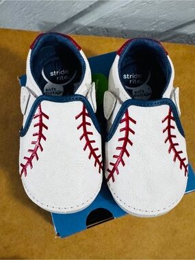 Stride Rite Baby Baseball Slip-On Shoes - White with Red & Navy walkers 6W wide